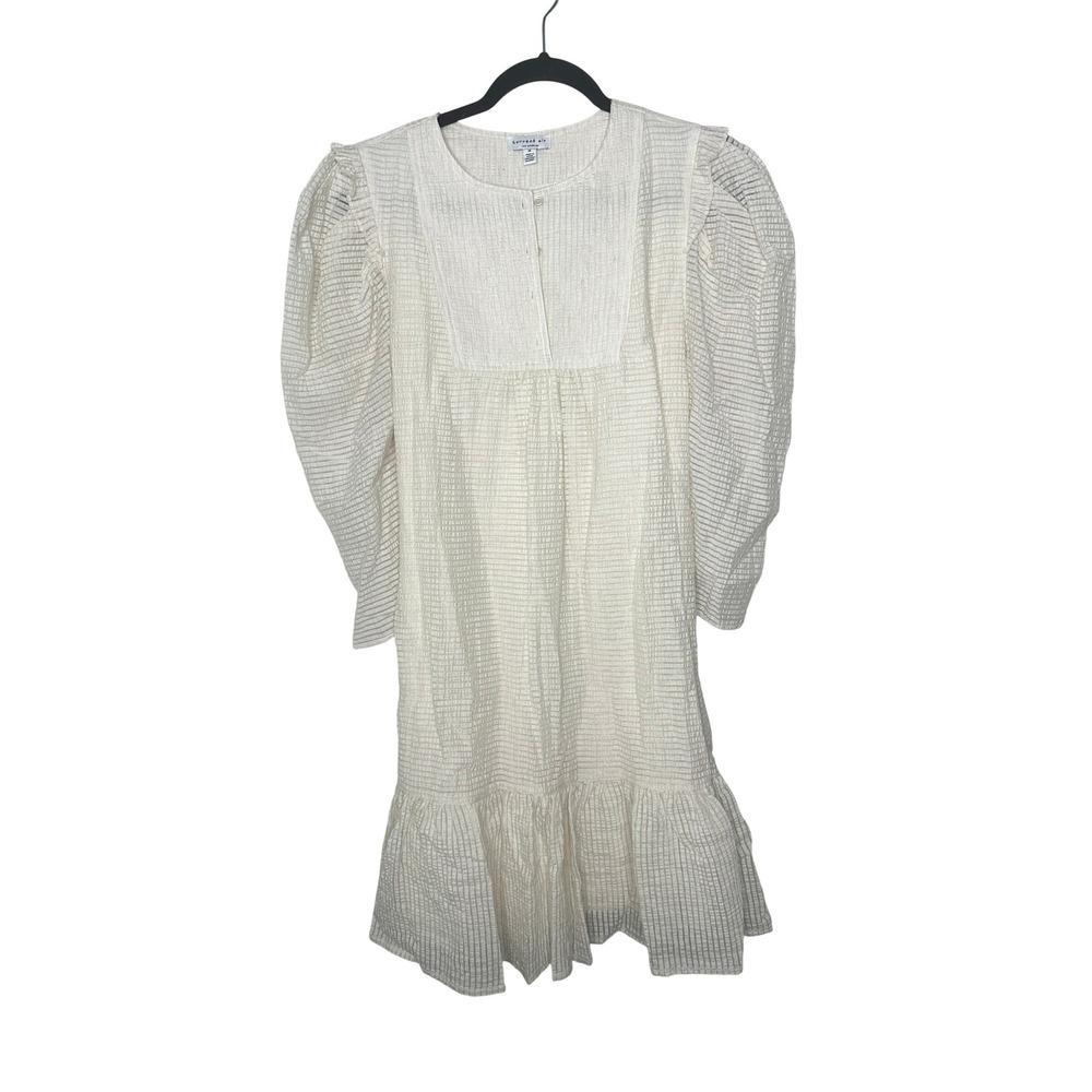 Current Air Ivory Texturedโ Puff Sleeve Mini Dress White Linen Blend Size M